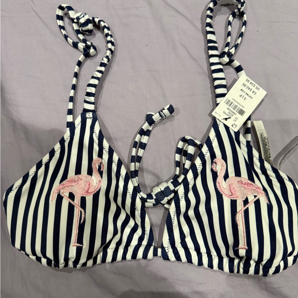 Pink Striped Navy & White Flamingo Bikini Top small